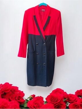Vintage Sassco Red and Black Double-Breasted Blazer Dress Size 8